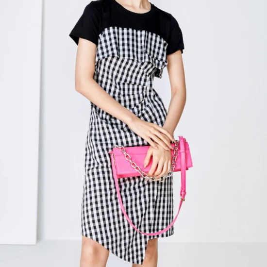 格子拼接连衣裙女2025时尚中长裙【223722】