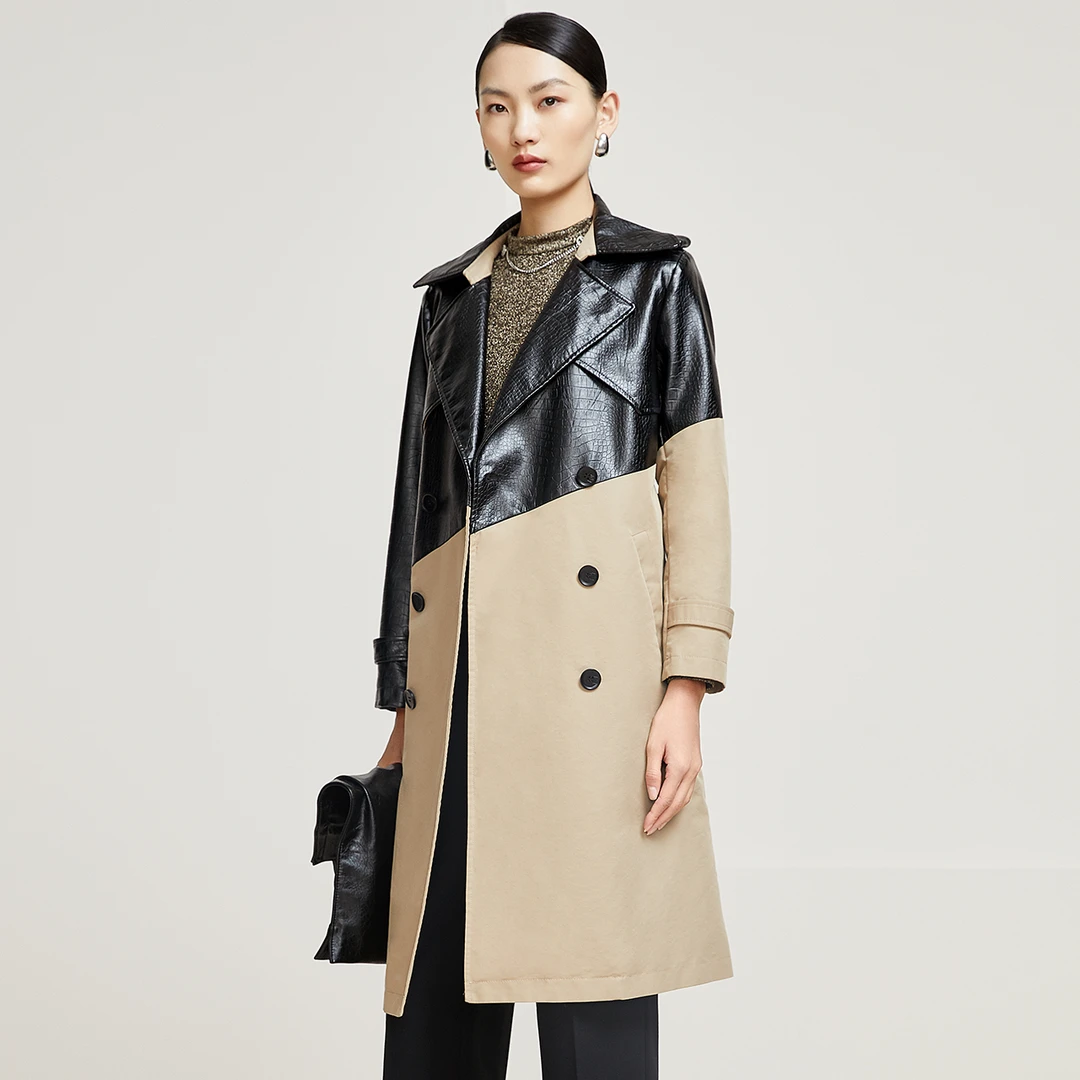 茜舞蛇纹皮拼接风衣外套女棉2025中长大衣【317608】