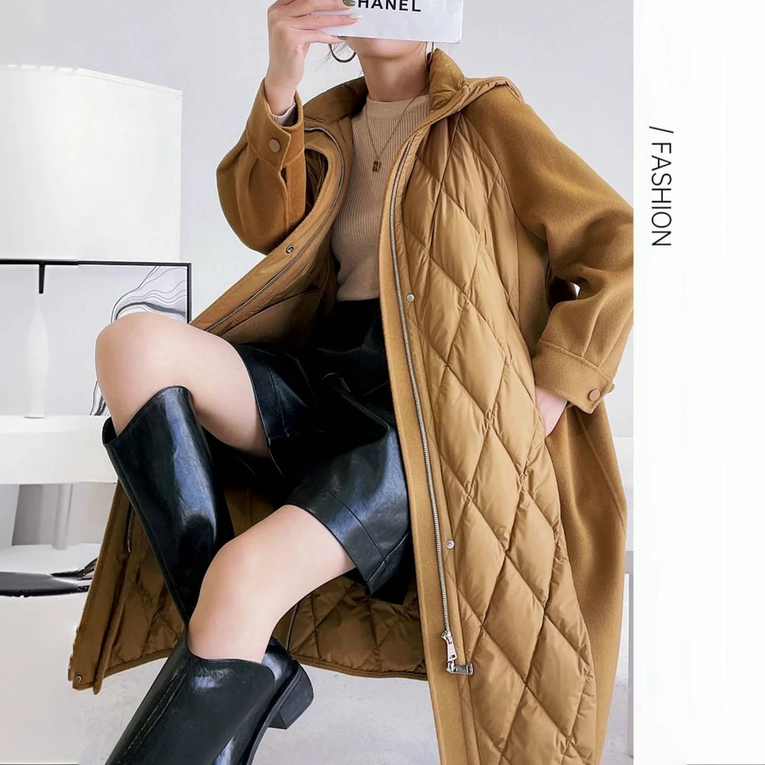 LuoXi罗皙-24008冬季新款保暖拼接双面呢大衣通勤长款连帽