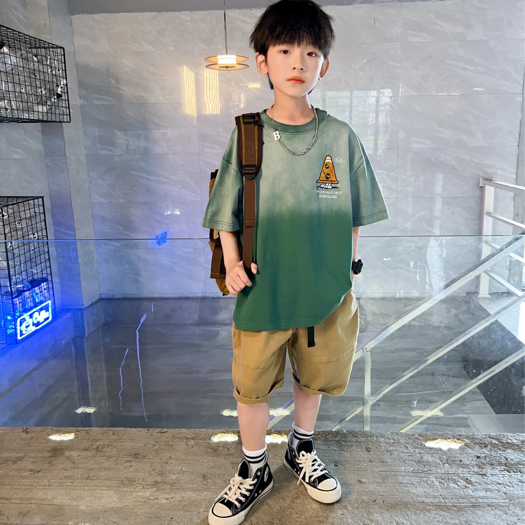 【现货】中班仔短袖T恤圆领套头中大童夏季宽松上衣童装套装*42982