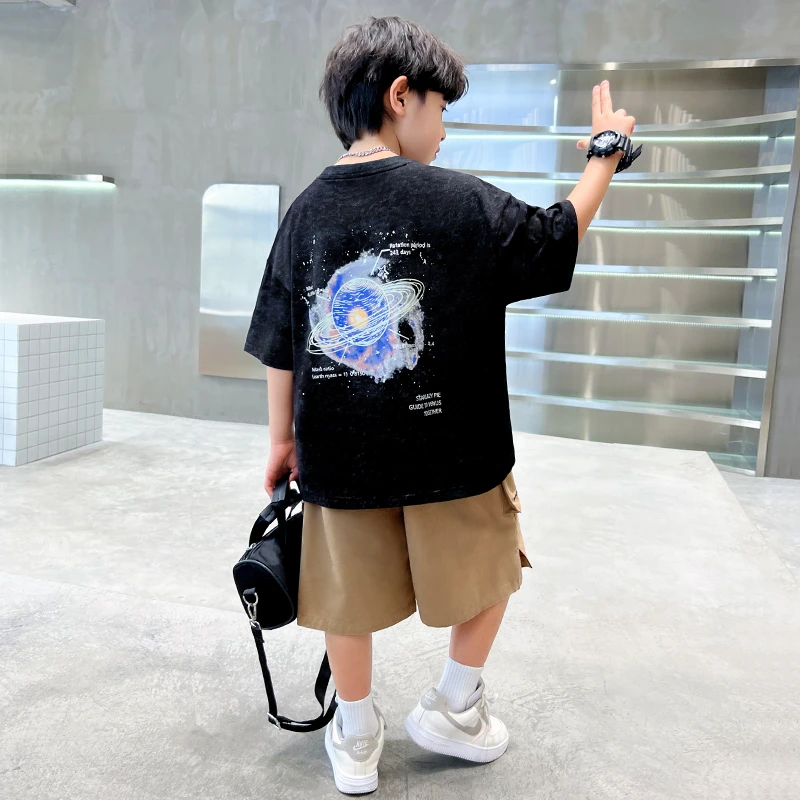 中班仔男童套装短袖T恤五分裤儿童两件套2025夏季中大童潮*ZH2077