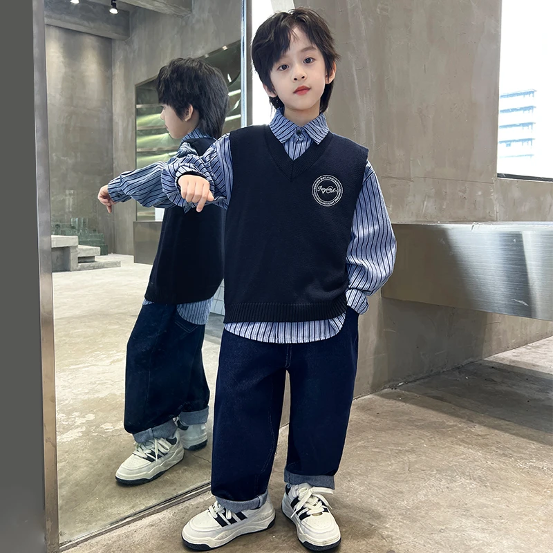 中班仔童装男童气质套装春秋装儿童马甲衬衫牛仔裤中大童*ZH2155