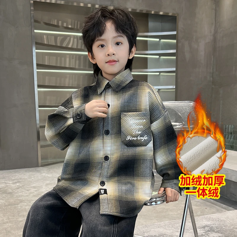 中班仔男童加绒衬衫撞色格子长袖衬衣外套儿童上衣中大童潮*38300