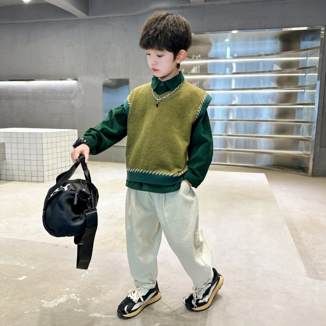 中班仔男童马甲衬衫长裤套装春秋季2025儿童秋装三件套潮*ZH1425