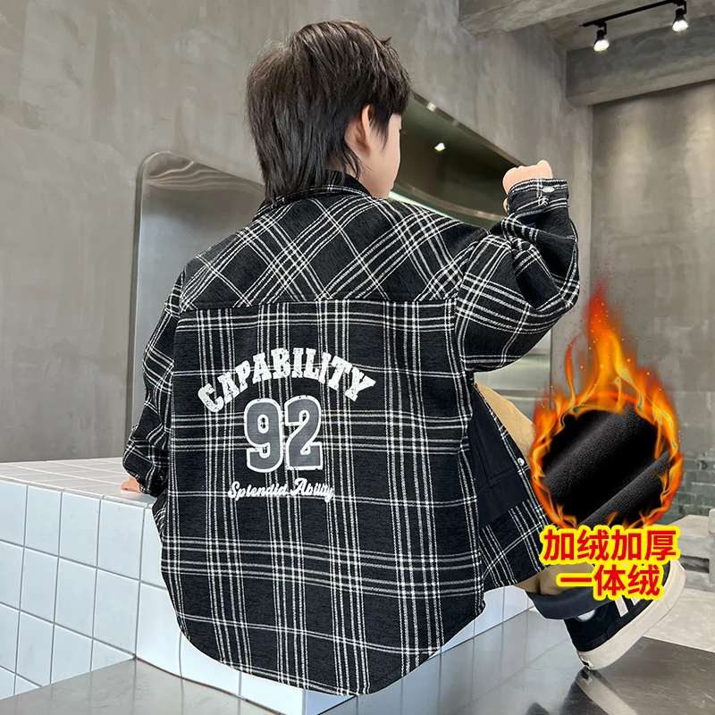 中班仔男童格子衬衫外套加绒加厚儿童撞色格纹衬衣中大童潮*38180