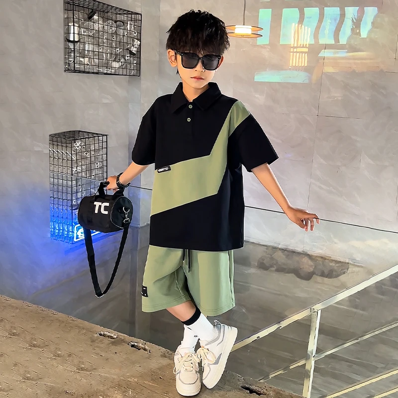 【现货】中班仔品牌男童短袖儿童polo五分裤中大童套装夏季*43005