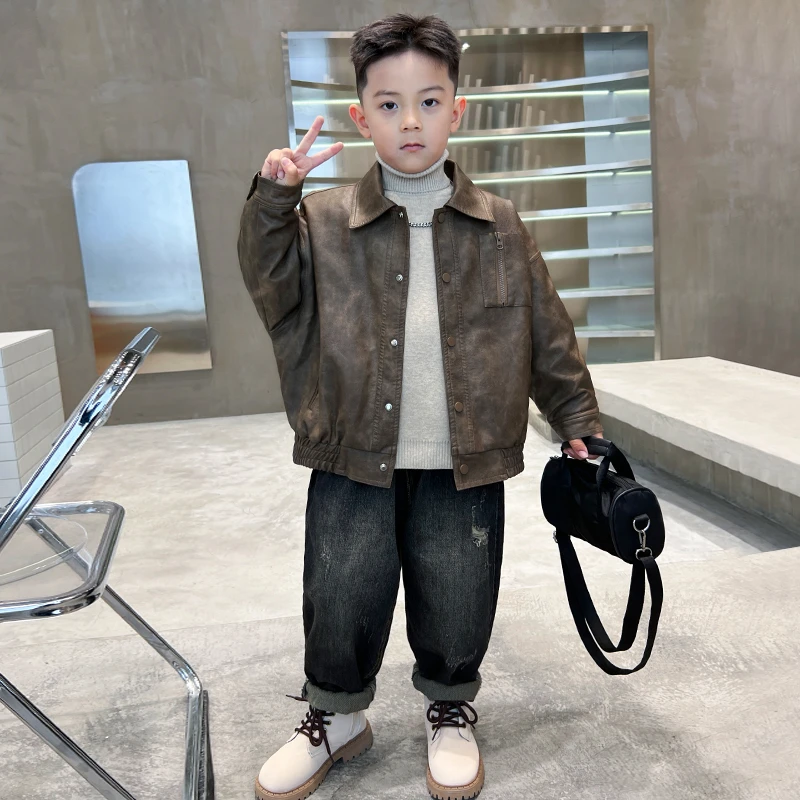 中班仔男童皮衣休闲裤外套秋冬装外穿中大童套装潮流-12岁*ZH1735