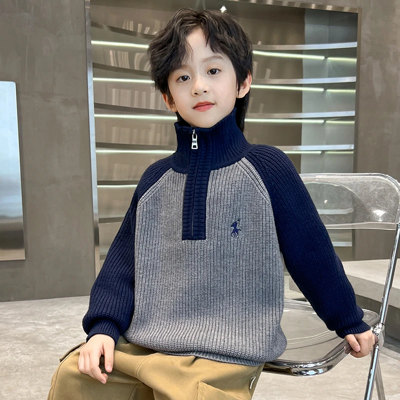 中班仔男童高领毛衣秋冬装儿童撞色拼接针织衫中大童半拉链*38322