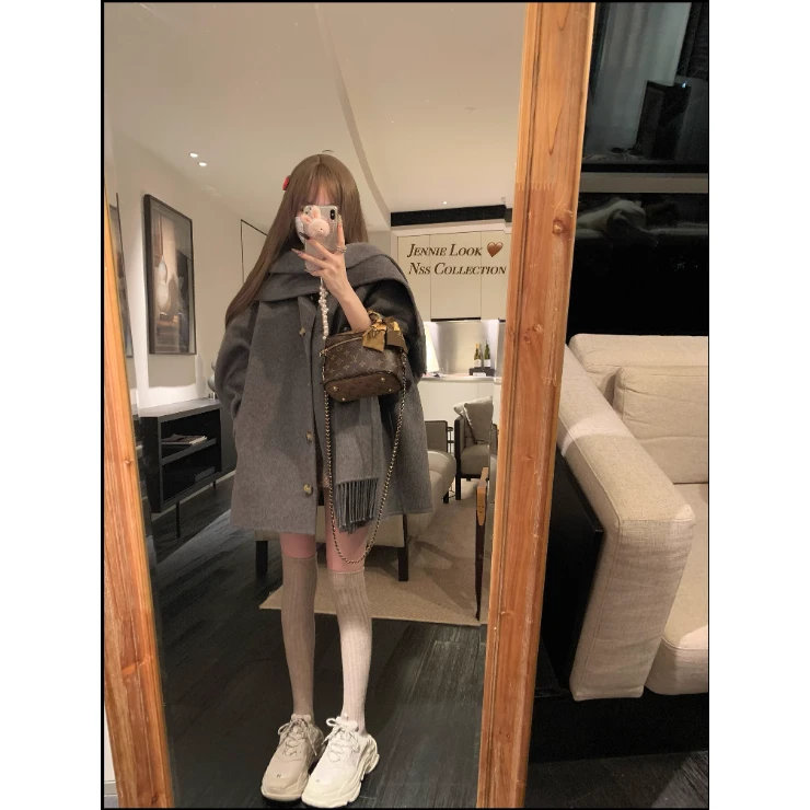 MMS-sweet高级温柔洋气质感双面围巾斗篷大衣女中长毛呢外套冬