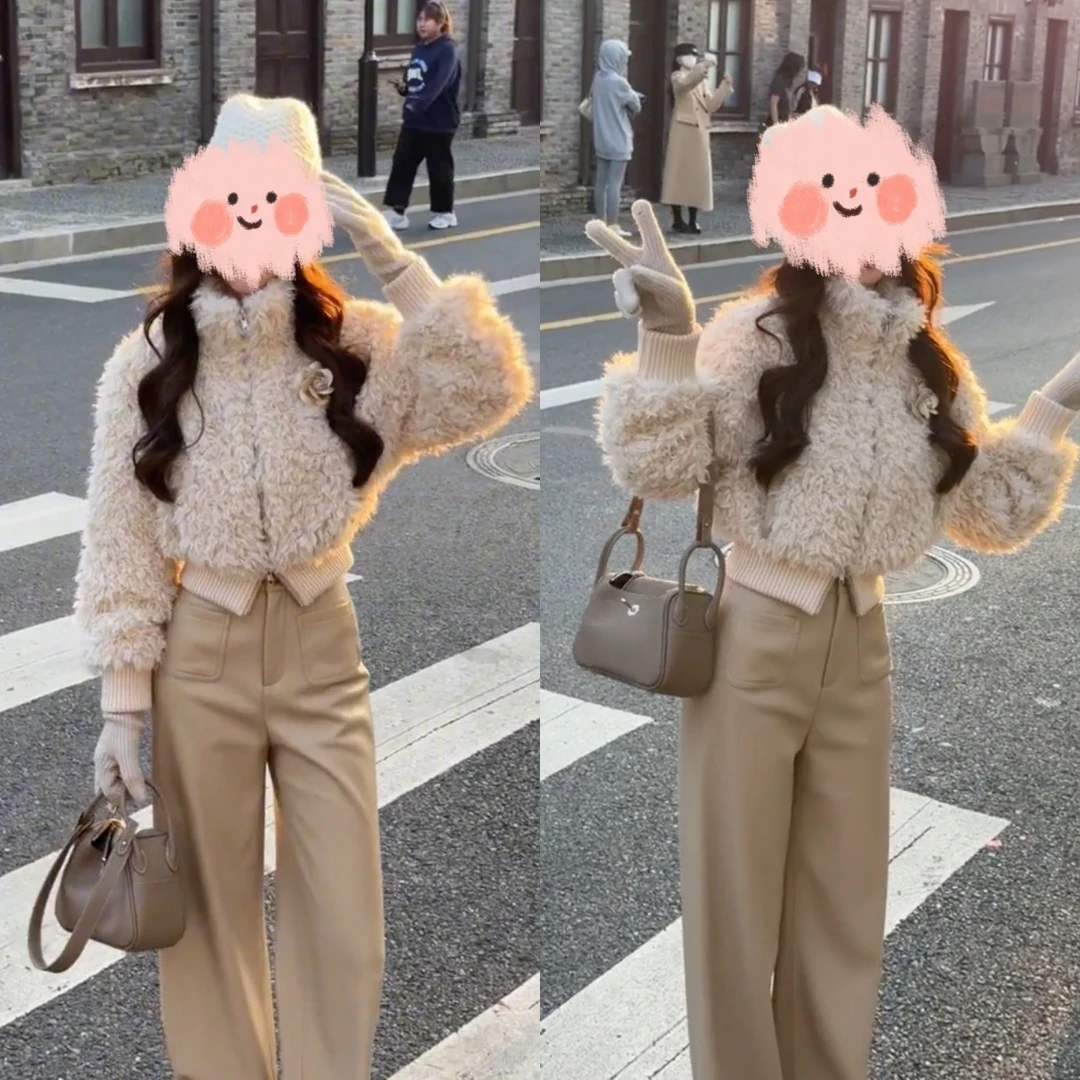 2024秋冬显贵洋气高级感立领收腰短外套高腰直筒休闲皮裤两件套