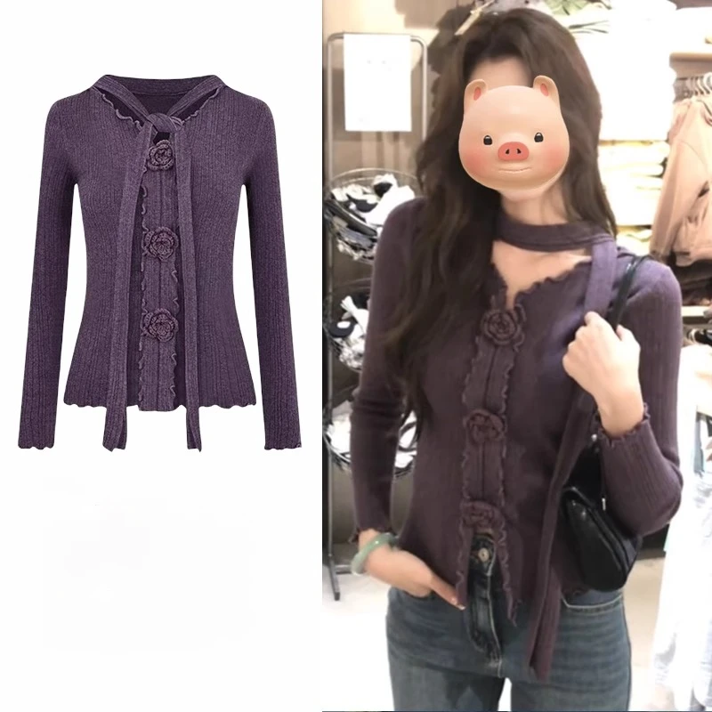 纯欲木耳边紫色立体花朵挂脖针织衫女秋冬修身洋气内搭打底衫上衣