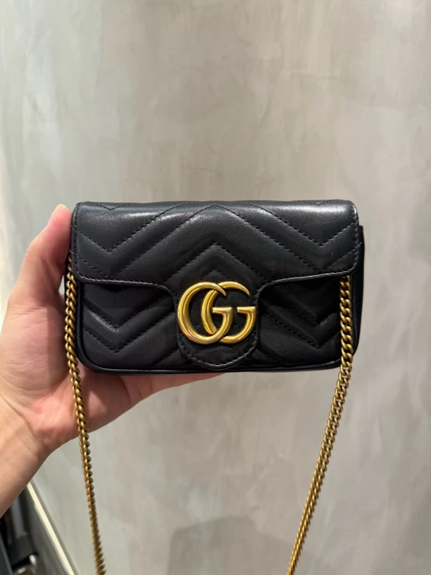 95新 GUCCI/古驰 马蒙黑金mini链条挎包