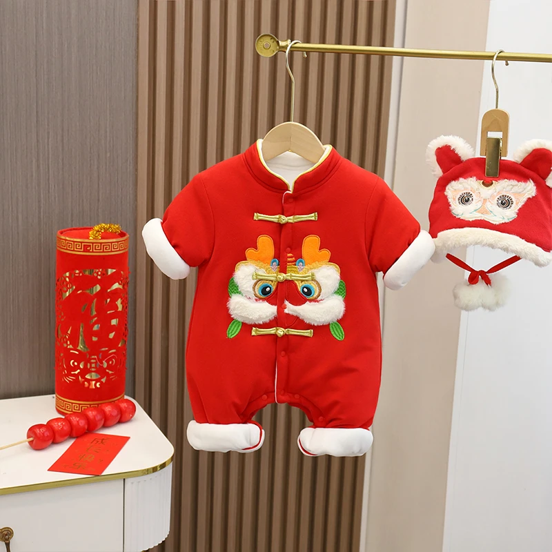 婴幼儿衣服暖宝宝连体衣冬装拜年服加绒保冬季过年外出女加厚爬服