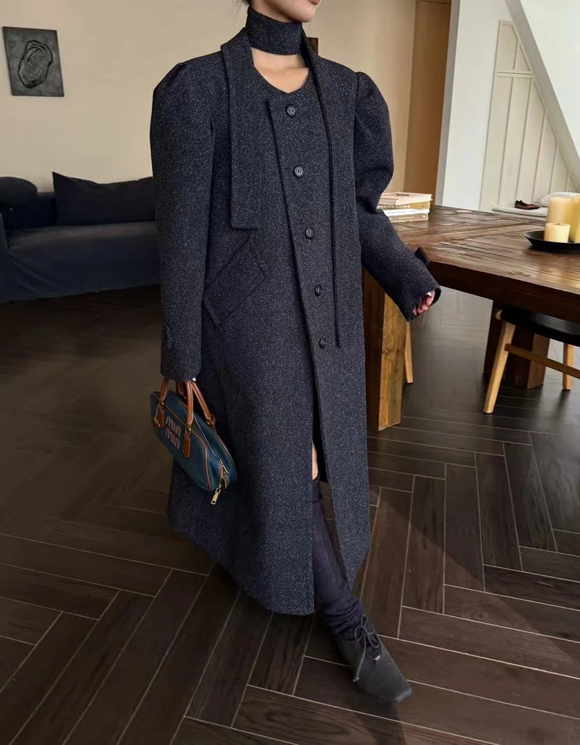 韩国东大门2024年秋季新款高级感时尚减龄泡泡袖宽松显瘦毛呢外套