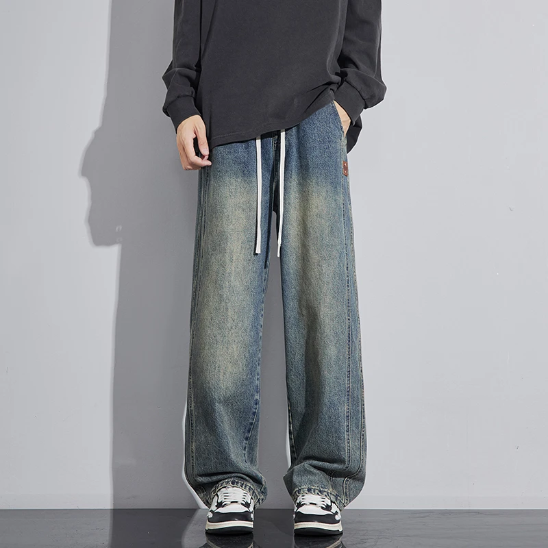 春秋水洗直筒牛仔裤男款痞帅高街男士秋季宽松阔腿长裤子男生