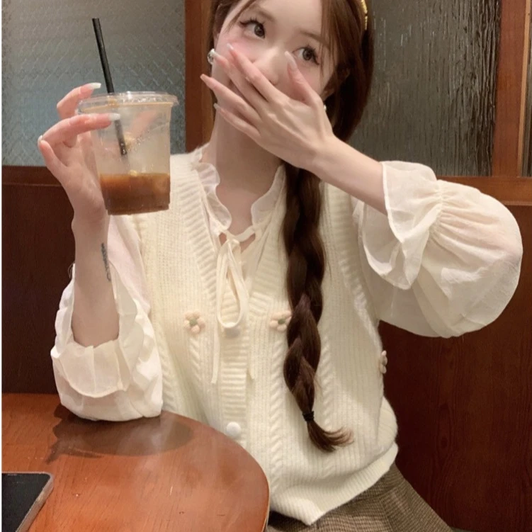 法式两件套外搭V领针织马甲长袖衬衫女春装新款宽松甜美漂亮上衣
