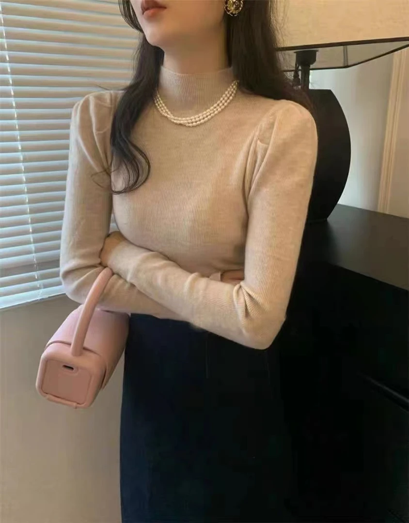 2023新款纯色上衣圆领针织毛衣女春秋季弹力百搭长袖内搭打底衫