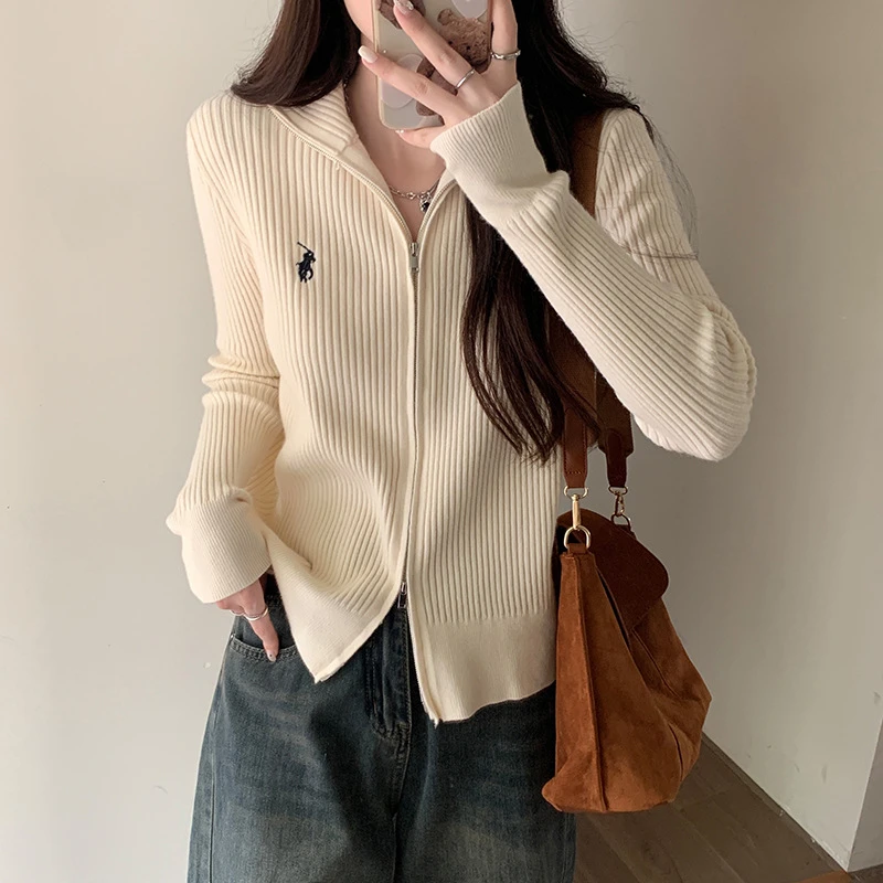 别致刺绣长袖针织衫设计感高领长袖上衣2024新款拉链设计针织开衫