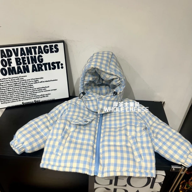 现货【私藏云朵】秋冬外套格子撞色加厚连帽夹棉保暖男女童帅气时尚