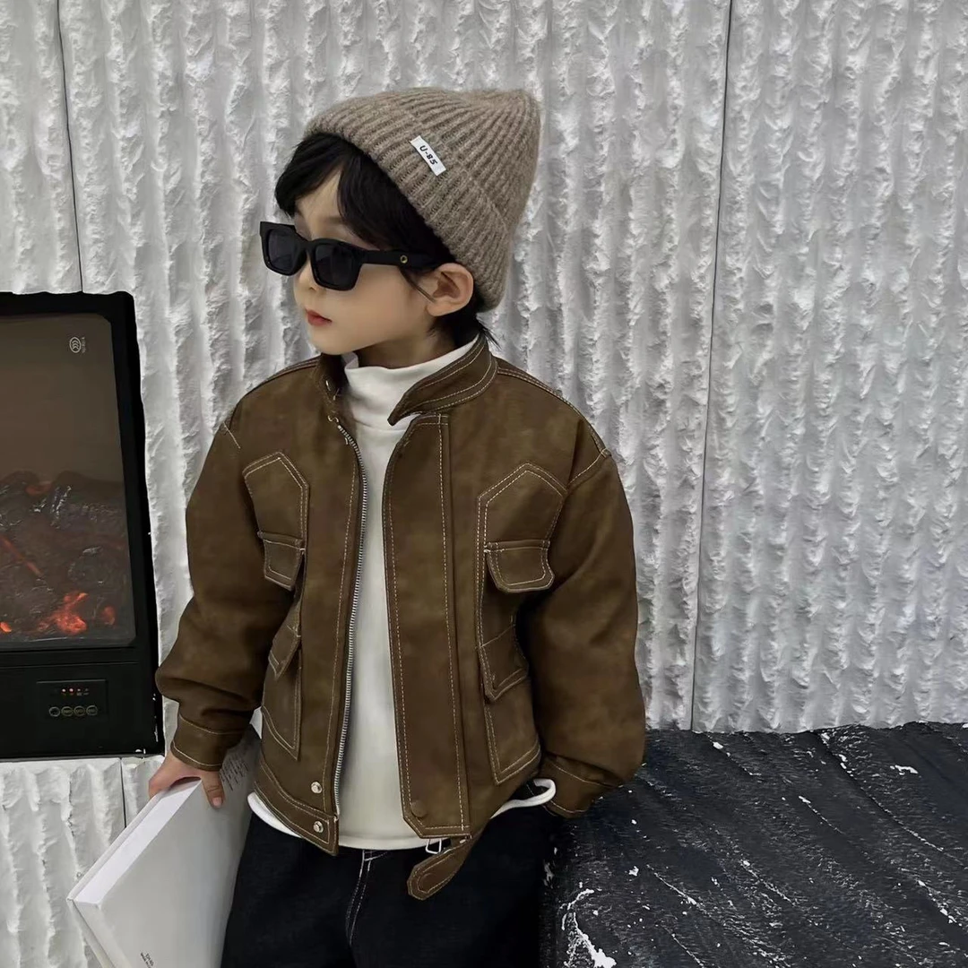 2024春款儿童皮衣韩版休闲机车加厚外套咖色帅气洋气复古