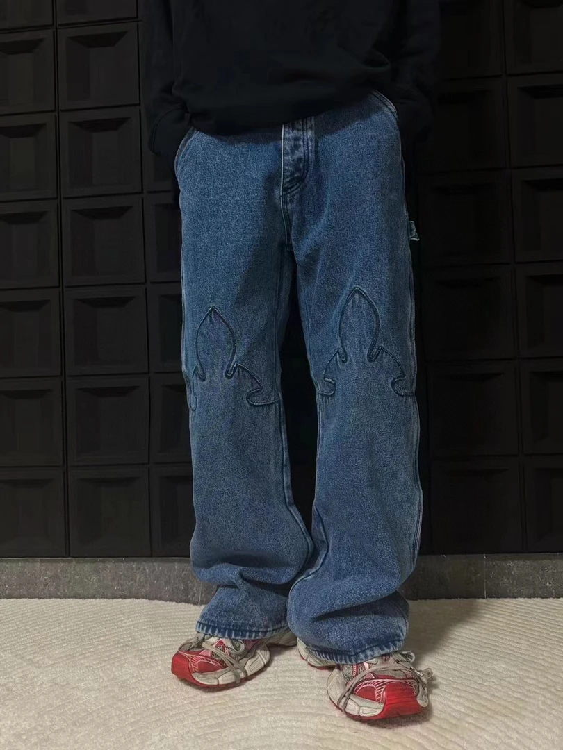 ch膝盖火焰拼接赤耳牛仔面料水洗休闲纯银扣头牛仔裤男