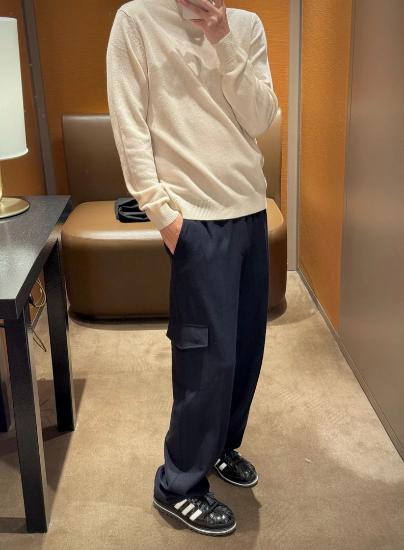 P家24冬季高新款三角标羊毛混纺两侧口袋休闲裤男士潮流工装裤