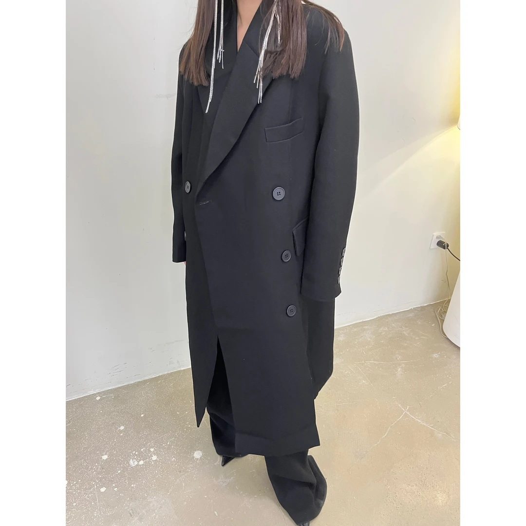 KIOKWANG//重工西装式双排扣设计感垫肩长款大衣外套