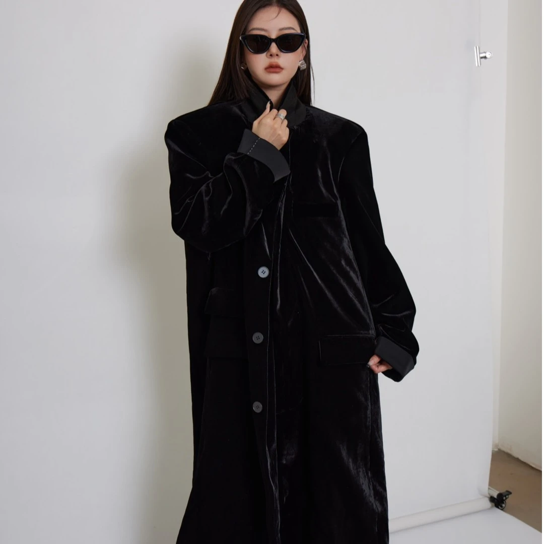 KIOKWANG//秋冬高级感复古宽松加厚中长款丝绒大衣外套