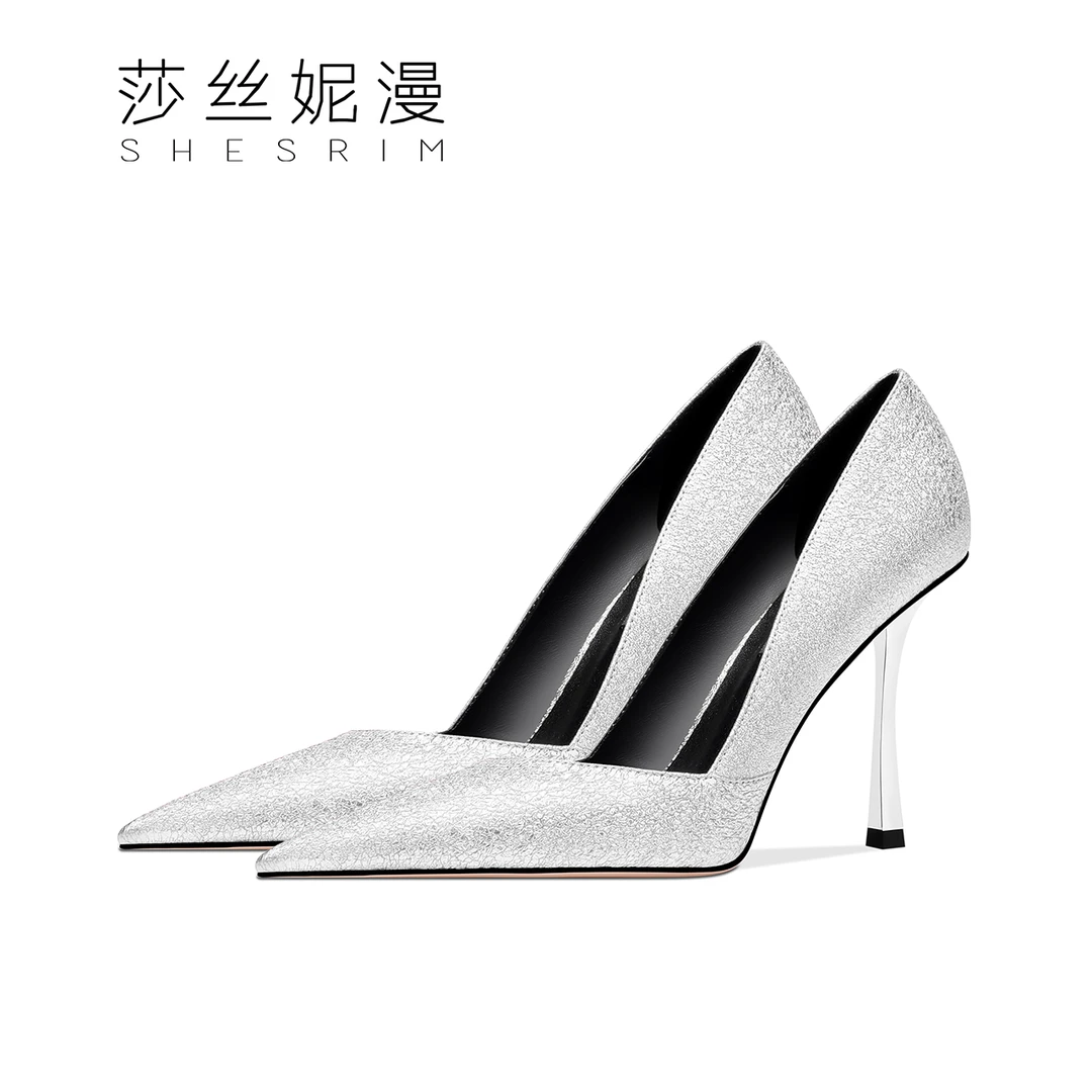 C05-春夏款上新气质浅口高跟鞋轻奢尖头细跟女士气质银实心金属跟