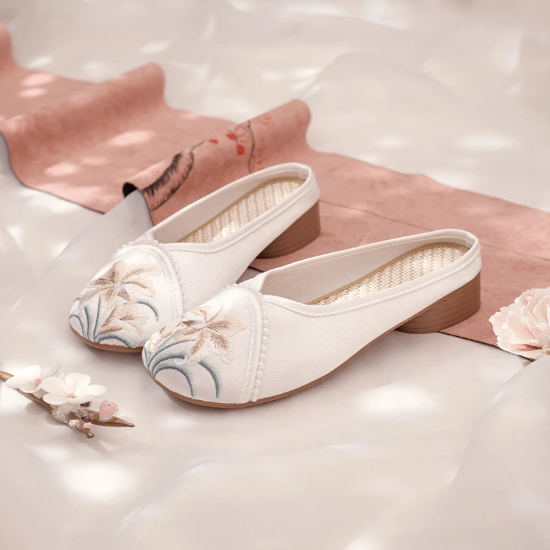 B赏荷拖新中式夏季新款百搭汉服鞋透气民族风老北京国风绣花拖鞋