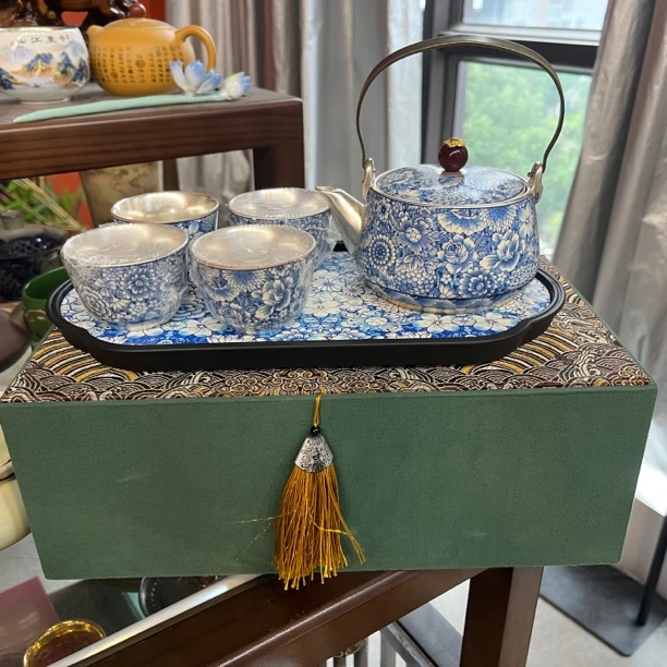 万花提梁鎏银壶轻奢四杯礼盒陶瓷茶壶盖碗班功夫茶具999纯银茶具