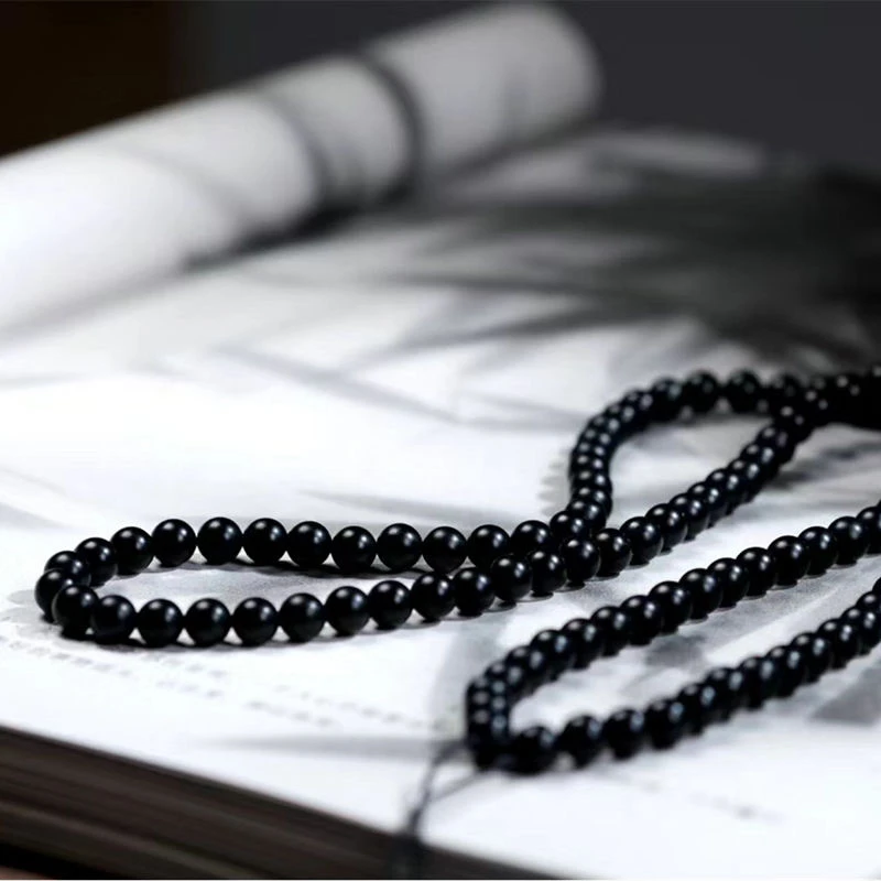 [老弟 出品]. 和田玉墨玉卡6纯黑圆珠108颗佛珠黑绳(附赠证书礼盒