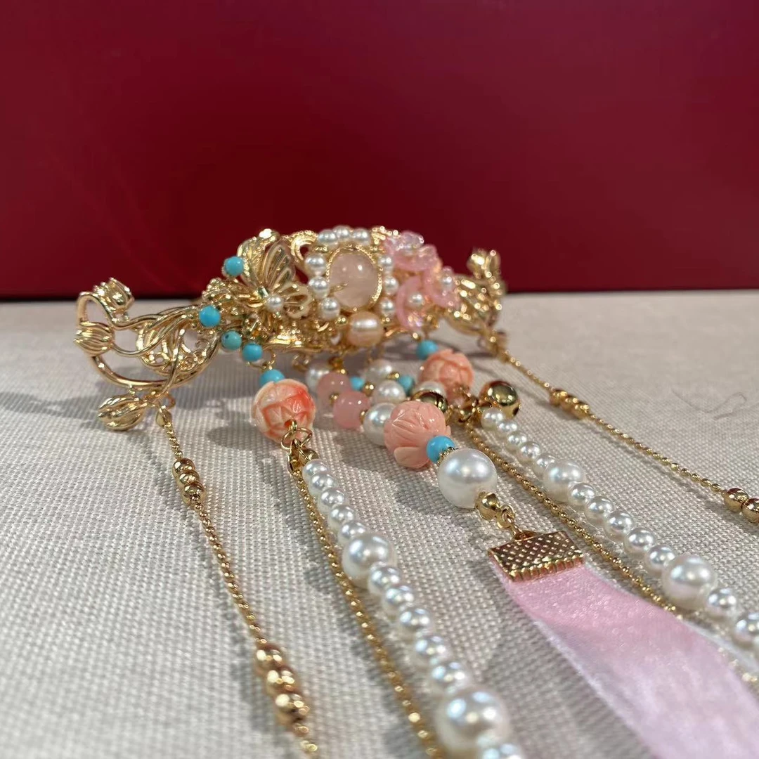 铜合金仿珍珠婚庆饰品 原创汉服后压（桃花醉）复古精美百搭后压