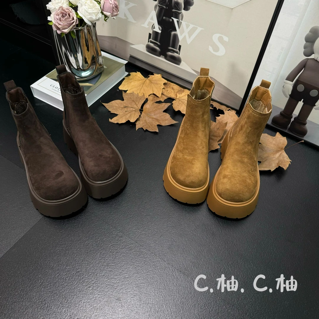 【C•柚】欧洲站厚底切尔西靴女2024秋冬新款马丁靴磨砂皮短筒雪地