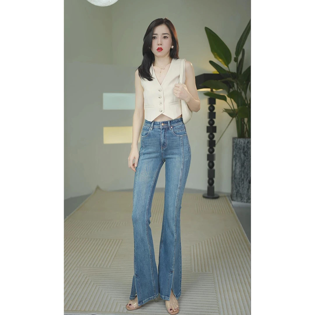 开叉·四面弹微喇牛仔裤加长款小众女春秋款中高腰显瘦喇叭裤高个