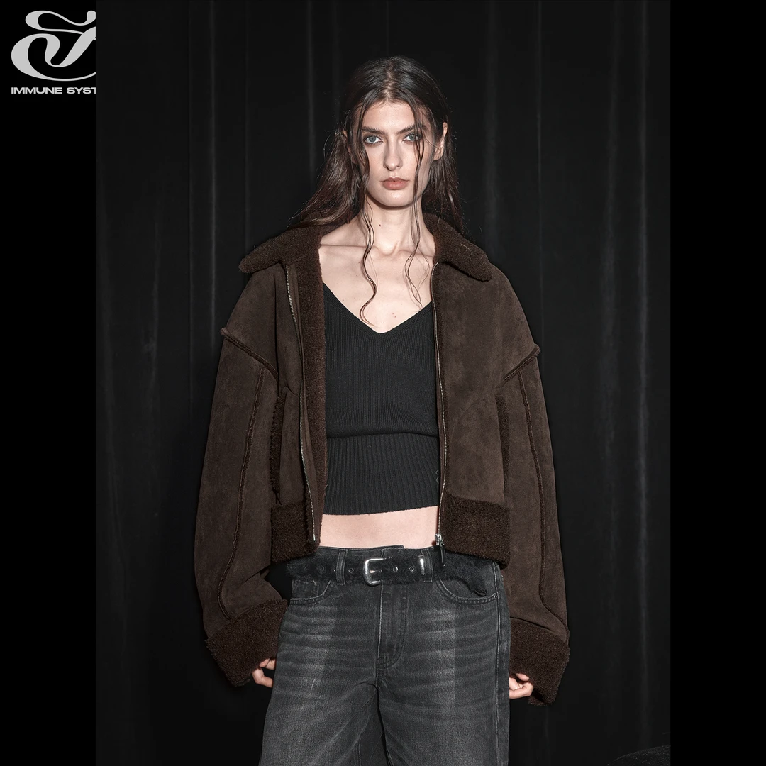 immune system免疫系统 苦味可可拼接麂皮羊羔毛温暖宽松拉链外套
