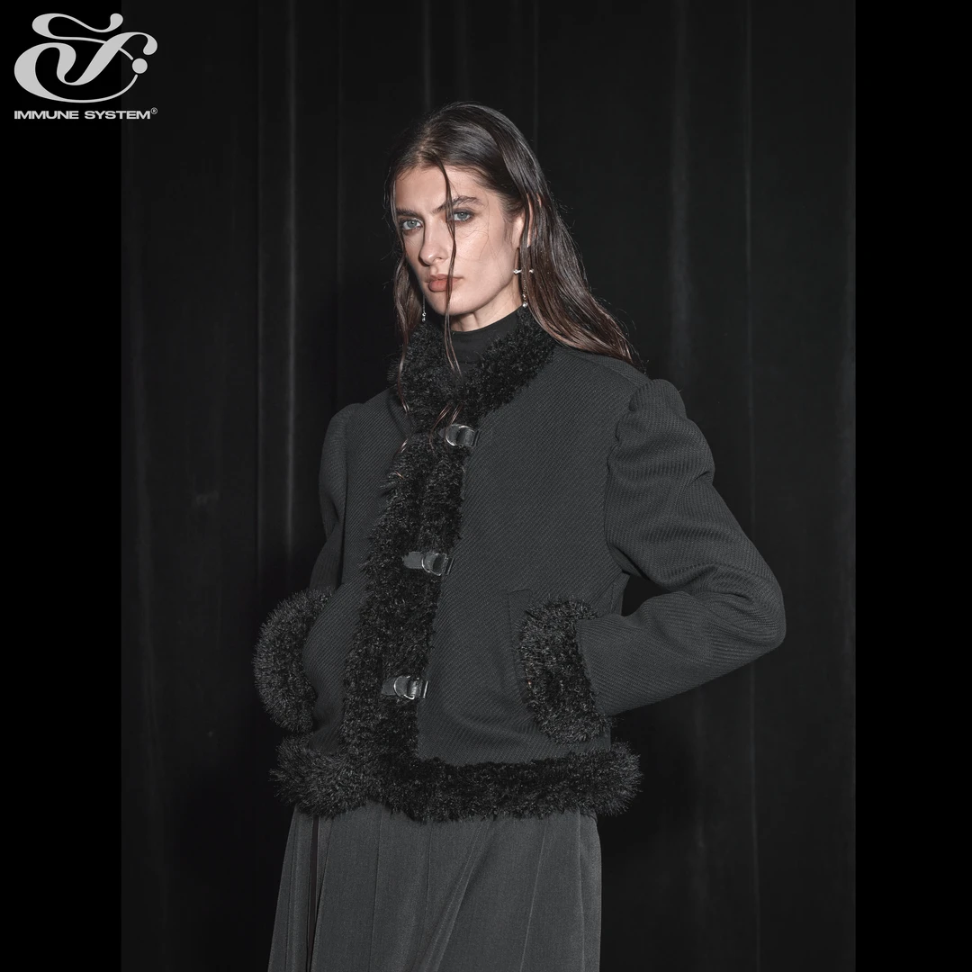 immune system免疫系统　黑色周五 秋冬毛毛边简约优雅修身短外套