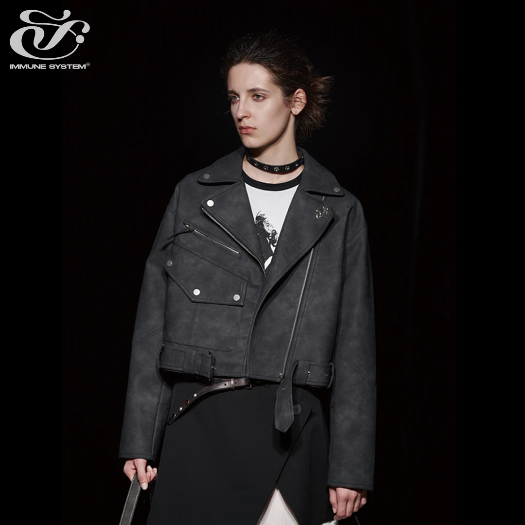 immune system免疫系统 翻领重工水洗皮衣