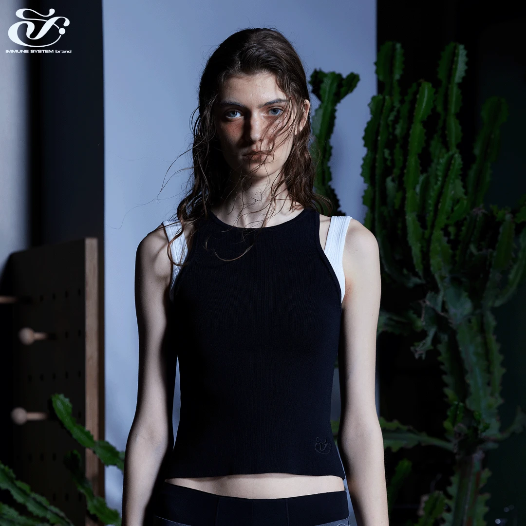 immune system免疫系统夏季紧身黑色内搭上衣毛织假两件打底衫