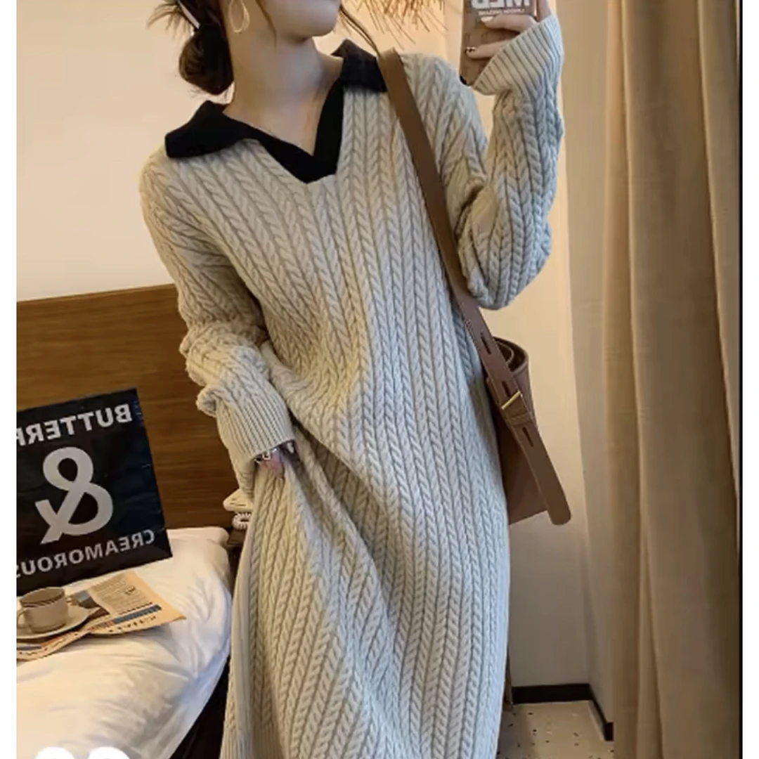 【粉丝专享】法式高级感过膝麻女秋冬加厚慵懒翻领针织连衣裙223