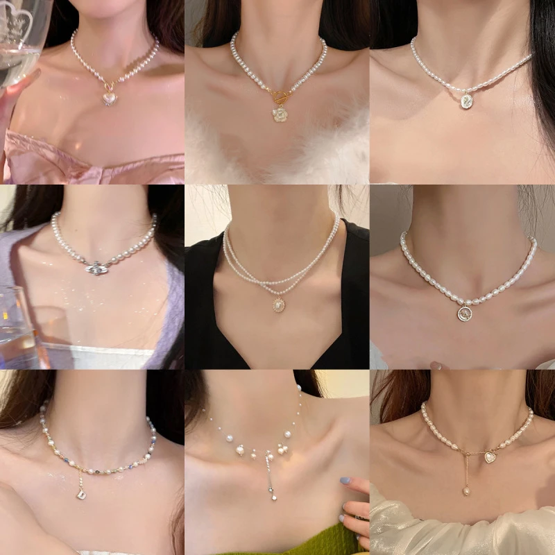 合金仿珍珠吊坠 优雅复古法式双层珍珠项链女网红锁骨链简约小众