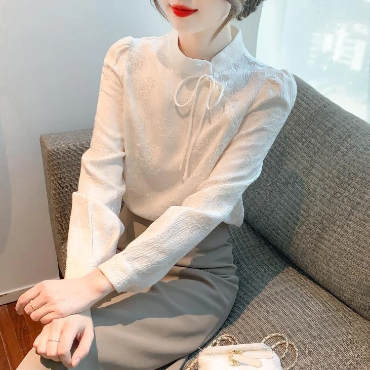 新中式盘扣衬衫女2024秋款新款立领衬衣长袖上衣小衫