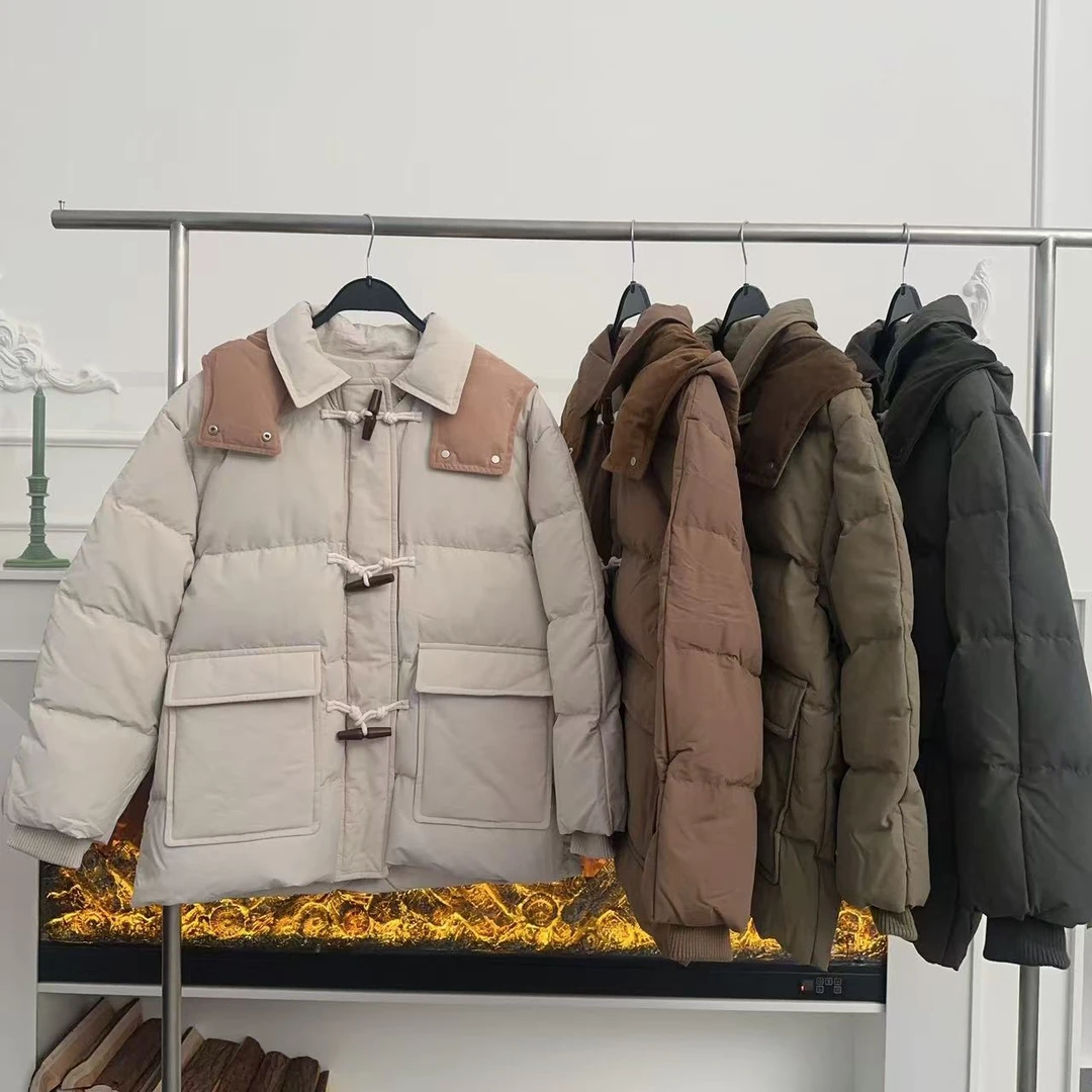 AW241171   学院风木扣灯芯绒拼接中长款鹅绒服