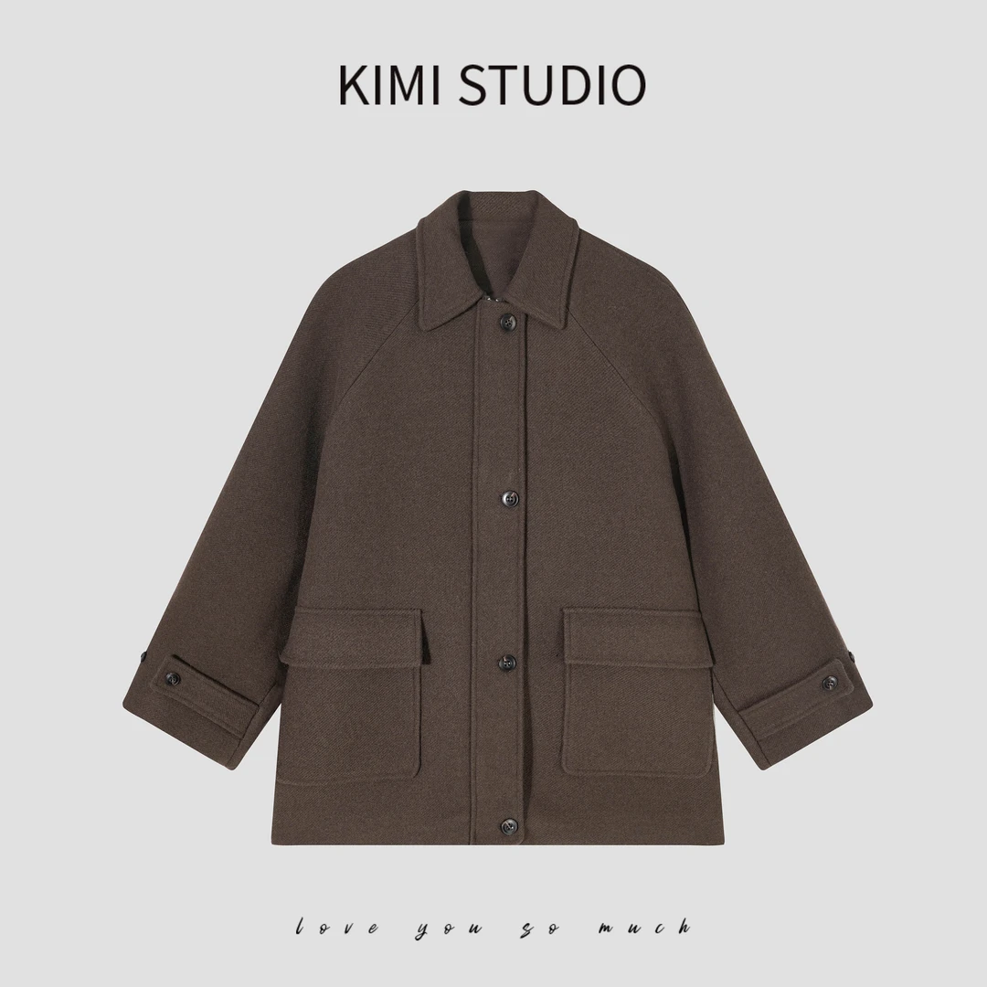 秋冬精致斜纹翻领拉链中长款极简风羊大衣小个子   AW24814