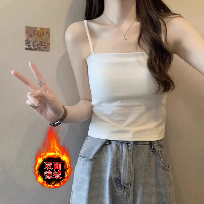 纯欲风法式别致甜辣小吊带背心女秋冬加绒加厚内搭一字领打底上衣