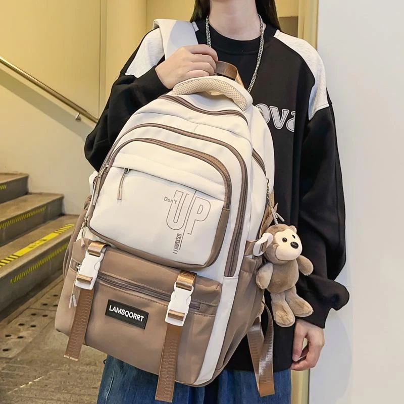 韩版高颜值尼龙撞色双肩包男女字母印花双肩背初高中生大学生书包