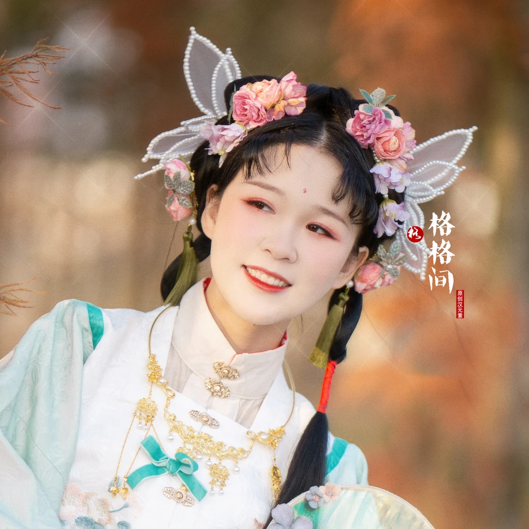 格格间蕾丝珍珠大蝴蝶结发夹后压立体lolita古风仿真翅膀对夹发饰