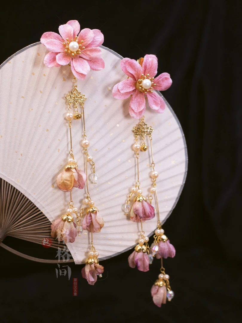 格格间原创【香吟】春天烫花宫廷绢花珍珠流苏发饰品复古风花朵汉服