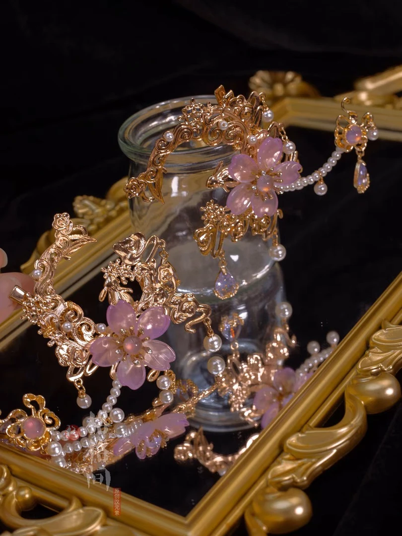 格格间原创【紫月桂】紫色保色铜流苏宝石发夹发冠异形公主额冠配饰