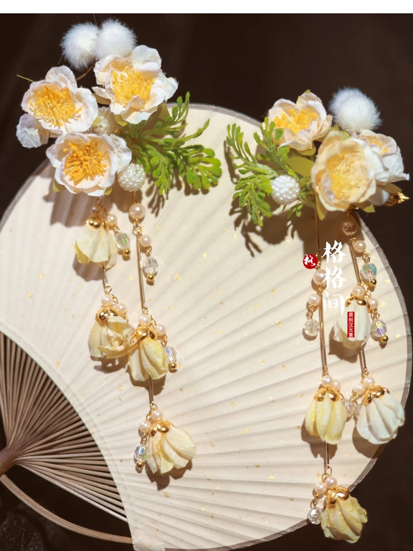 格格间原创【花蕊樱】烫花掩鬓发夹古风新娘中式明制复古流苏仙气